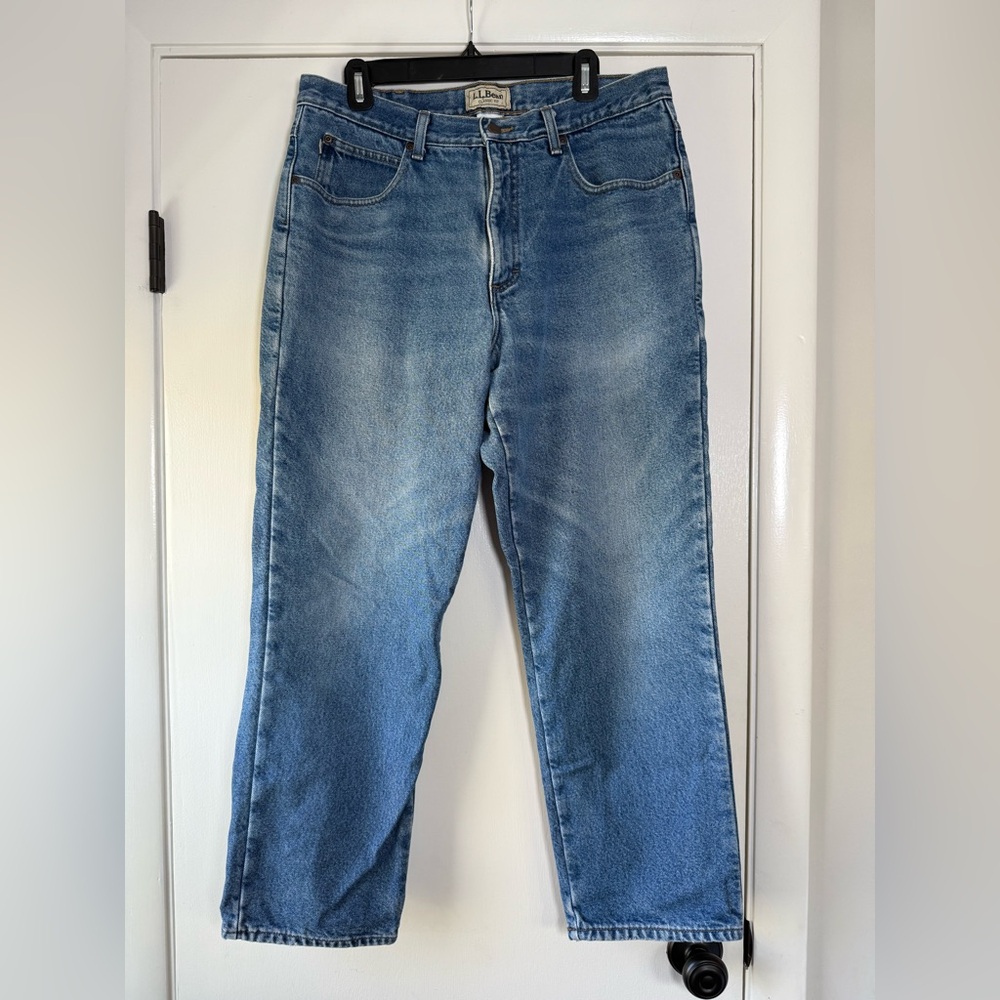 LL Bean 100% Cotton Classic Fit Plaid Flannel Lined Men’s Blue Jeans Size 36x29